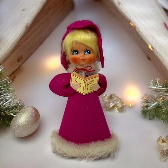Vintage Made in Japan Pink Pixie Caroler Christmas Tree Topper Figure Kitschy - Picture 1 of 14
